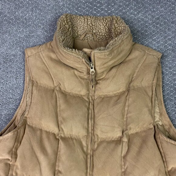 LL Bean Goose Down Puffer Vest Women's Medium Petite Tan Sherpa Collar Full Zip - Picture 3 of 10